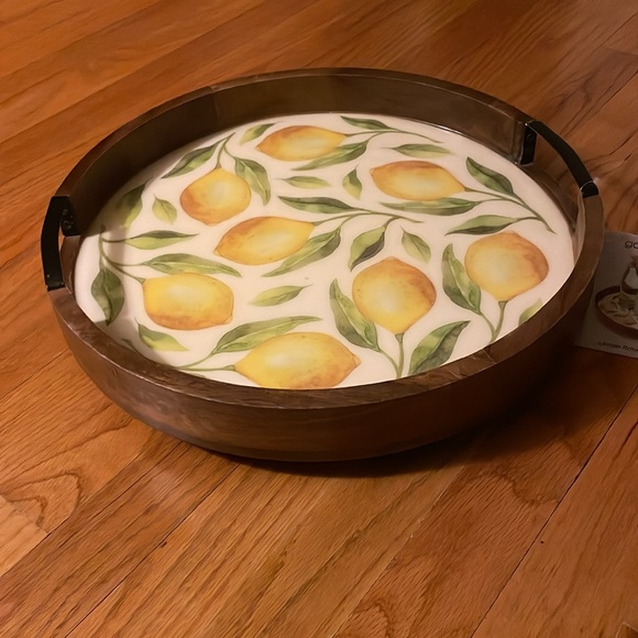 Gourmet Basics Lemon Rotating Tray, wood with iron handles. 16”L X 16”W X 2.75”H - Picture 13 of 17